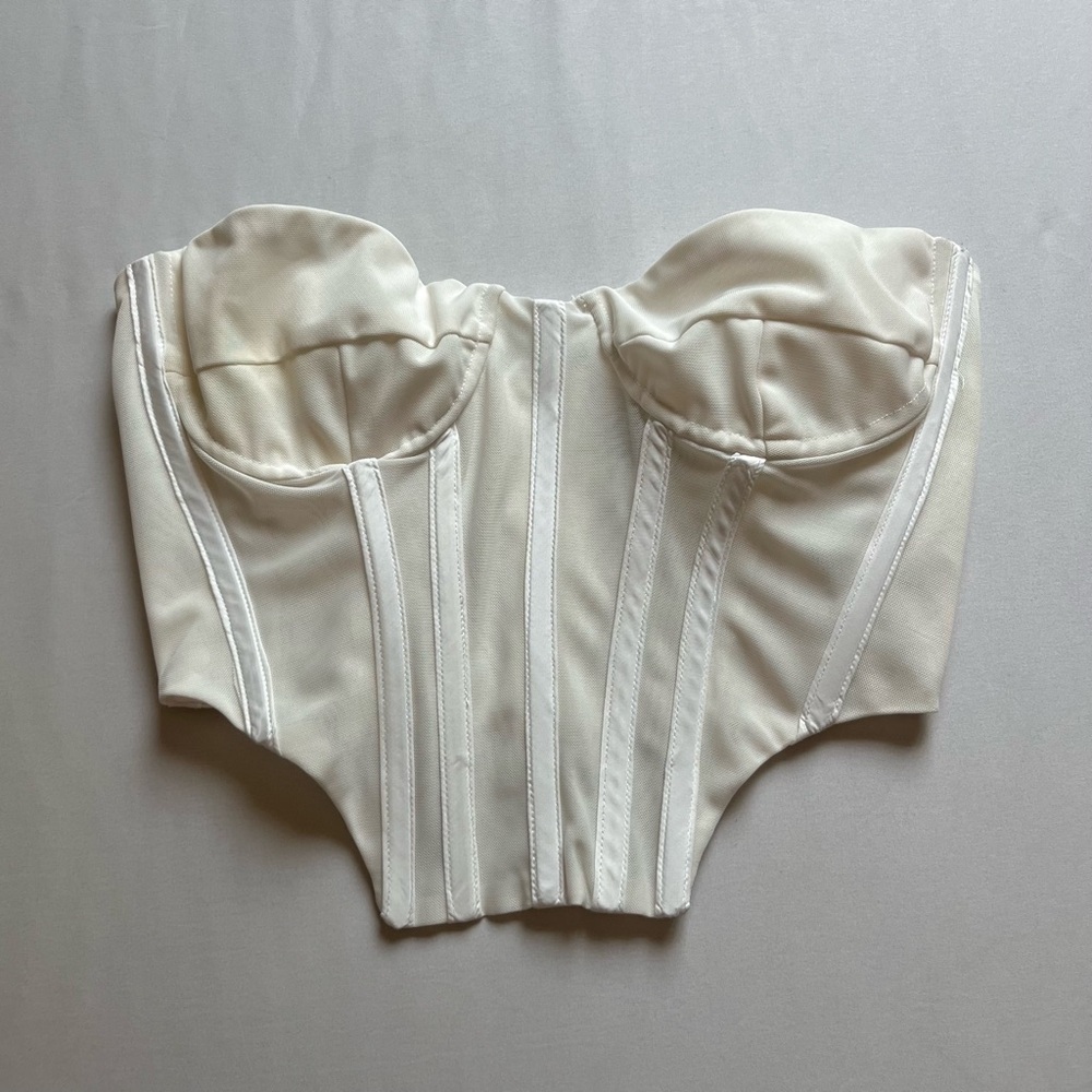 BARDOT off‎ white mesh boned strapless corset bustier crop top